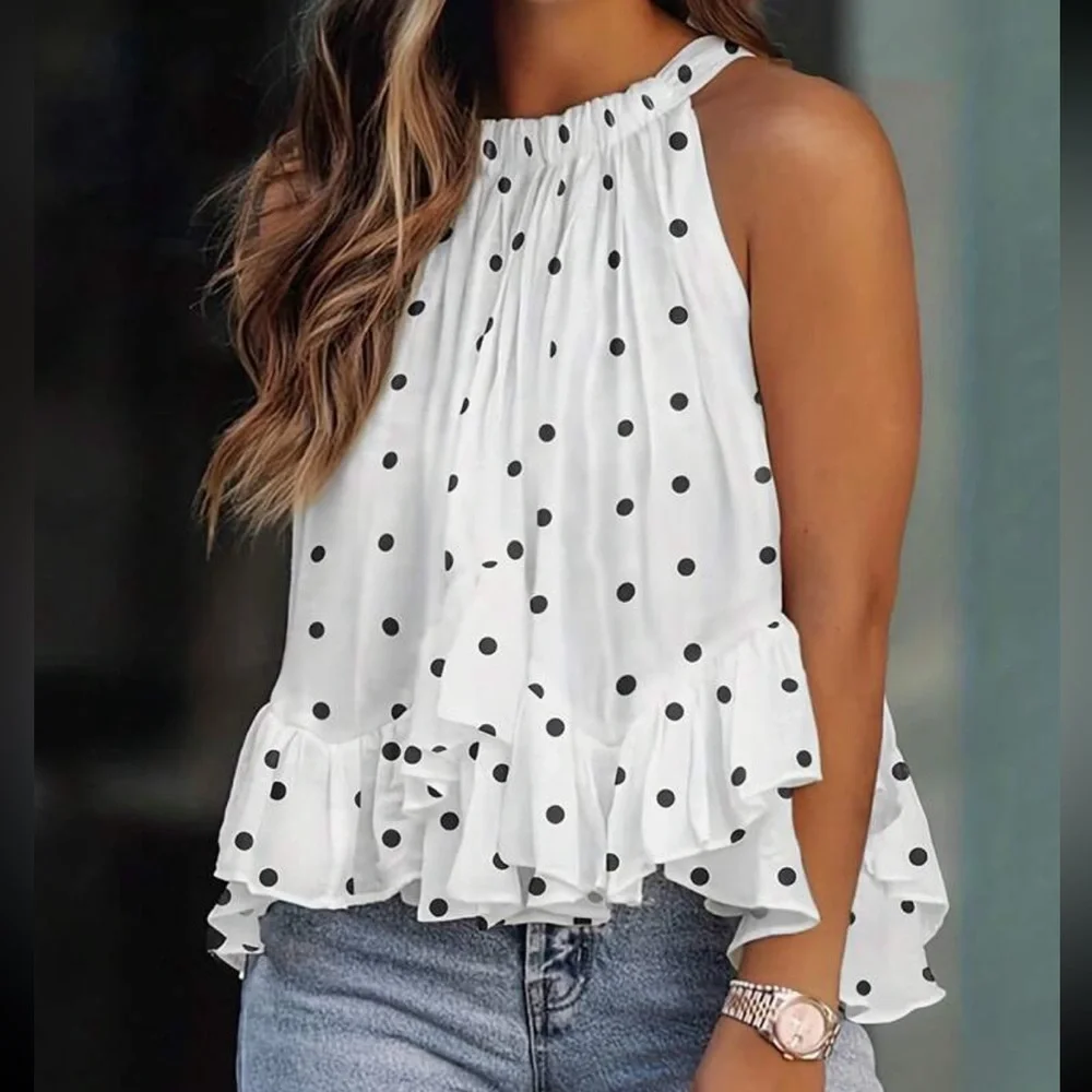 White Black Polka Dot Halter Top Blouse Shirt - Picture 1 of 3